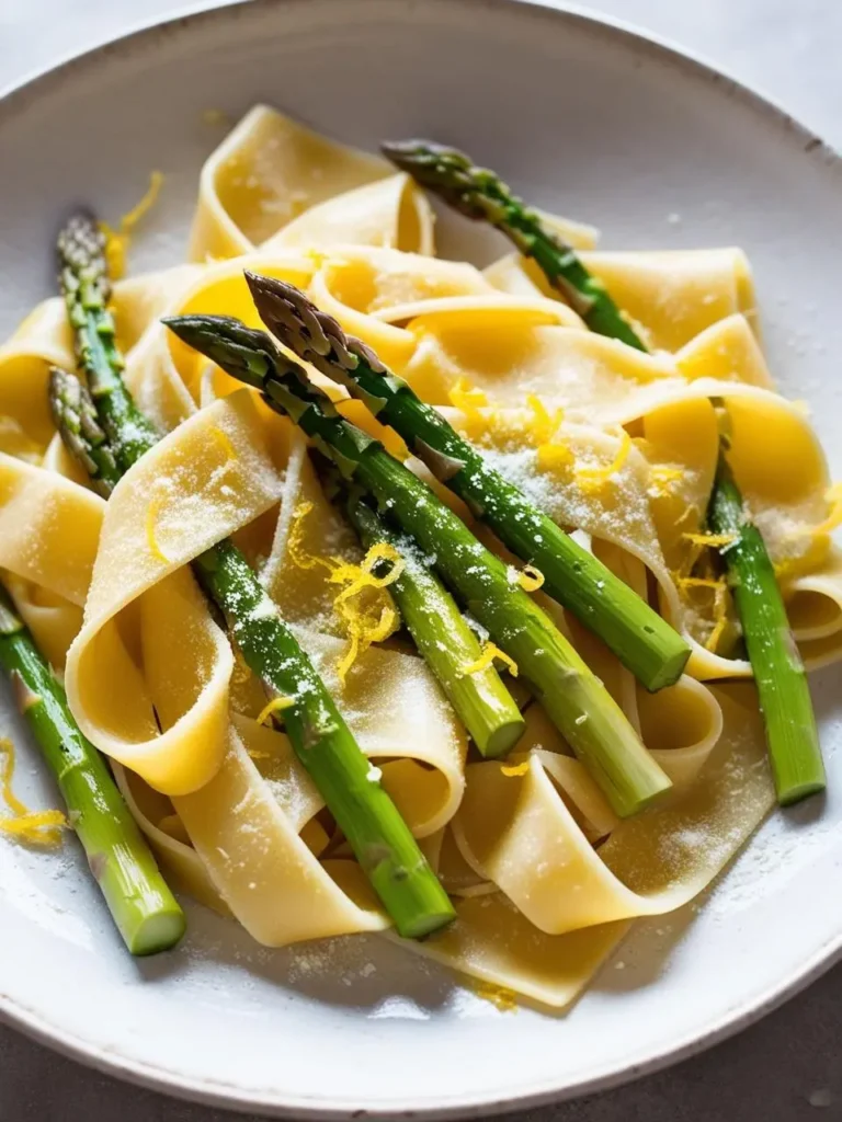 A plate of pappardelle pasta with asparagus. The pasta is wide and ribbon-like, tossed with the asparagus and sprinkled with lemon zest and parmesan cheese. The dish looks fresh and light.