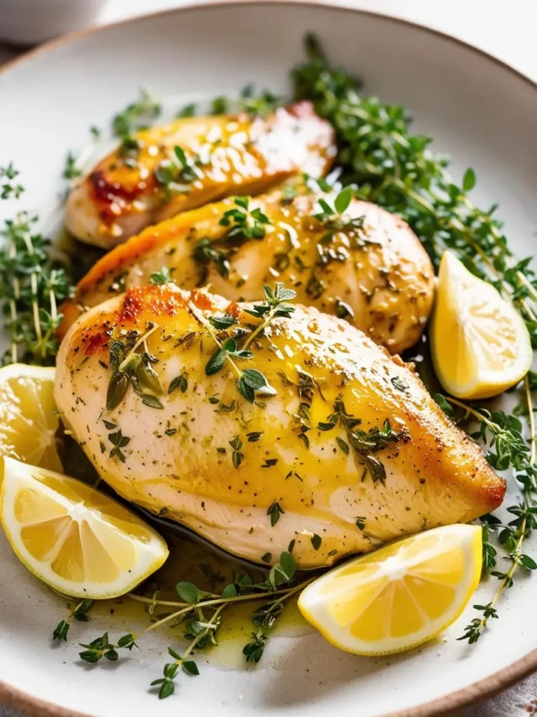 Three golden-brown lemon-herb chicken breasts are arranged on a white plate, garnished with lemon wedges and fresh thyme sprigs. The chicken looks juicy and flavorful, making it an appetizing dish.