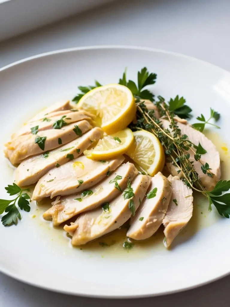 A plate of sliced lemon-herb roasted chicken breast. The chicken is juicy and tender, and the lemon slices and fresh herbs add a bright and flavorful touch. The dish looks delicious and healthy.