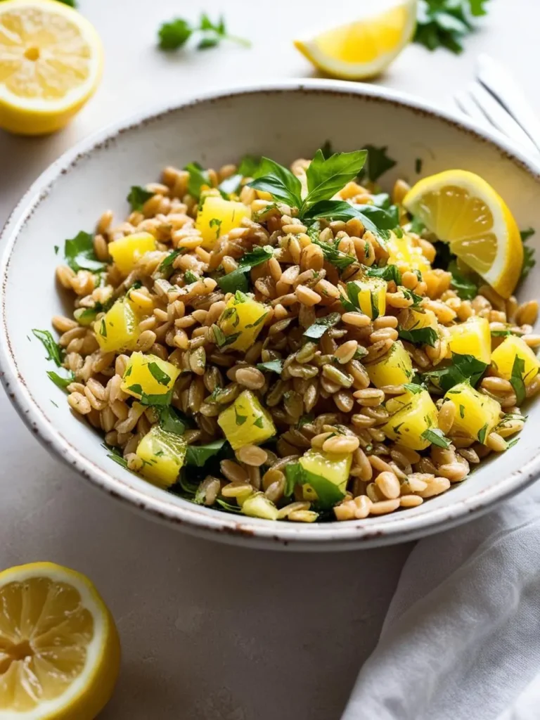 A refreshing farro salad is presented in a rustic white bowl, featuring hearty farro grains, bright yellow bell pepper, and fresh herbs like parsley and basil. Lemon wedges add a zesty accent, with chopped greens scattered throughout for a burst of color. 