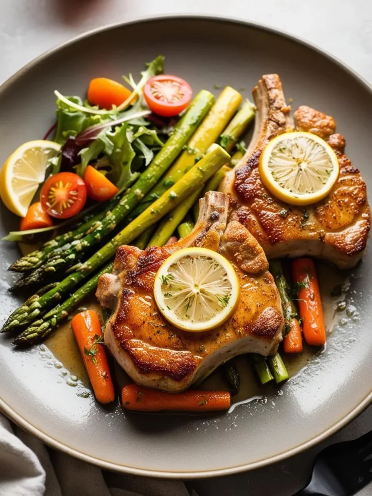 A plate of pan-seared pork chops topped with lemon slices. The chops are served with a medley of roasted asparagus, carrots, cherry tomatoes, and a fresh salad. The dish looks healthy and flavorful.