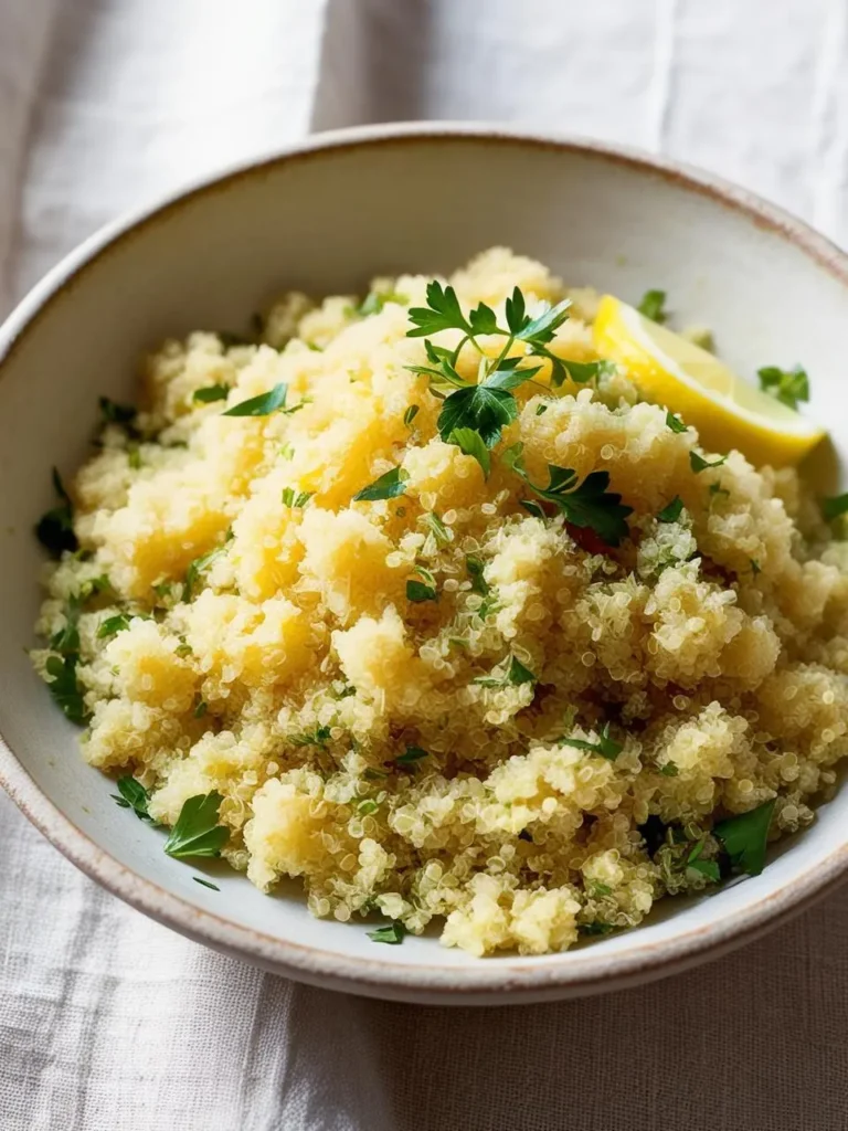 A bowl of fluffy lemon-herb quinoa. The quinoa is lightly dressed with olive oil, lemon zest, and fresh herbs like parsley. It looks light, flavorful, and perfect as a side dish or main course.