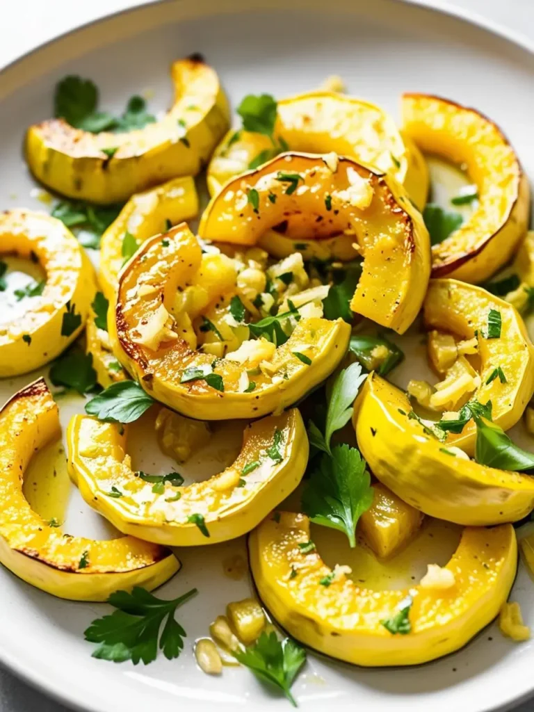 A white plate filled with roasted yellow squash slices. The squash is golden brown and sprinkled with chopped garlic and fresh parsley.