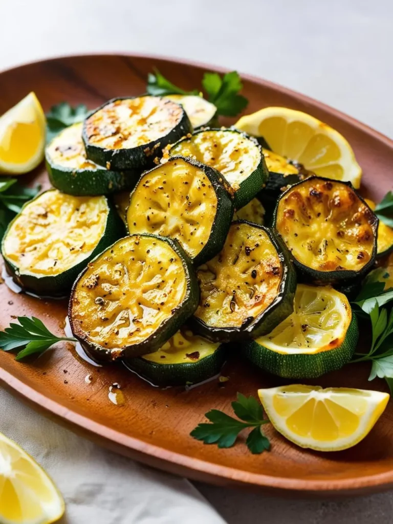 A wooden platter filled with grilled zucchini slices. The zucchini is seasoned with lemon juice, olive oil, and herbs, and garnished with fresh lemon wedges and parsley.