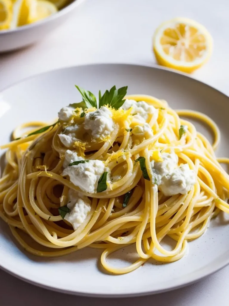 A plate of spaghetti tossed with creamy ricotta cheese and lemon zest. The pasta is garnished with fresh parsley and lemon slices, making it look incredibly appetizing and flavorful.