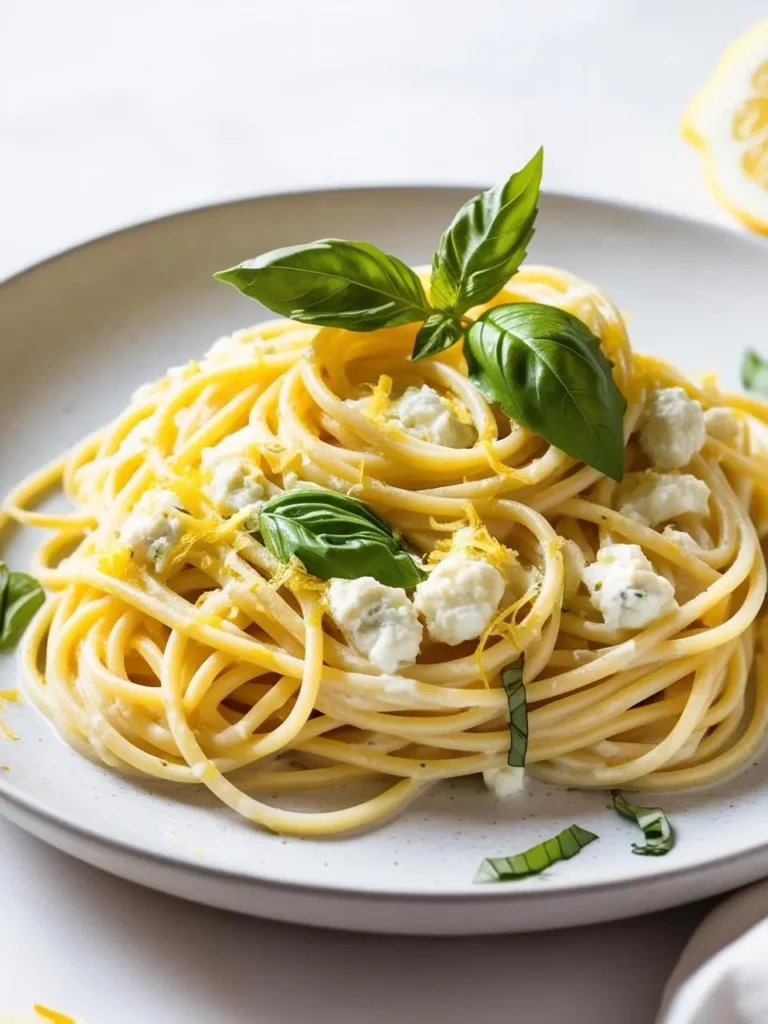 A plate of spaghetti pasta coated in a creamy lemon sauce. The pasta is garnished with fresh basil leaves, crumbled ricotta salata, and lemon zest, creating a bright and flavorful dish.