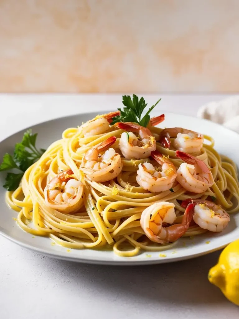 A plate of spaghetti with large shrimp. The pasta is coated in a lemony sauce, and the shrimp are cooked to a light pink color.