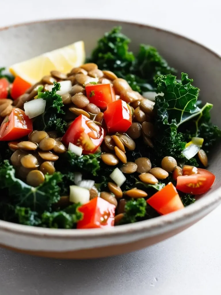 A close-up view of a vibrant lentil salad in a bowl. The salad is made with cooked lentils, chopped kale, sliced tomatoes, and red onion. A wedge of lemon is perched on the edge of the bowl.