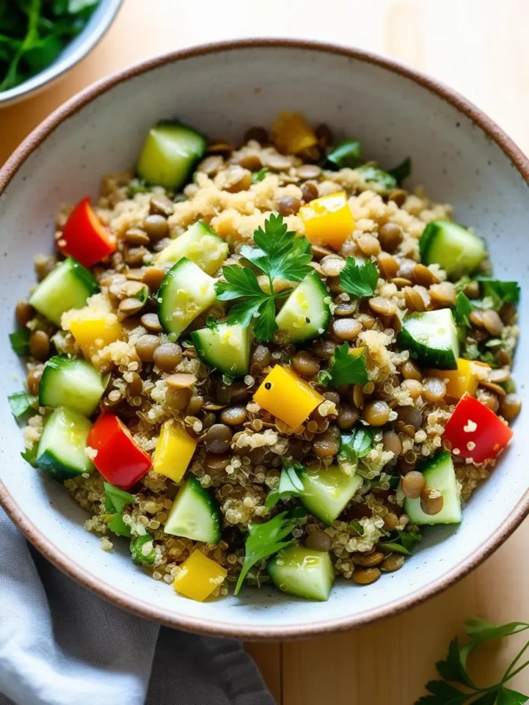 A bowl of colorful and nutritious lentil salad. It features cooked lentils, quinoa, cucumbers, bell peppers, and fresh parsley. The salad looks vibrant and appetizing.