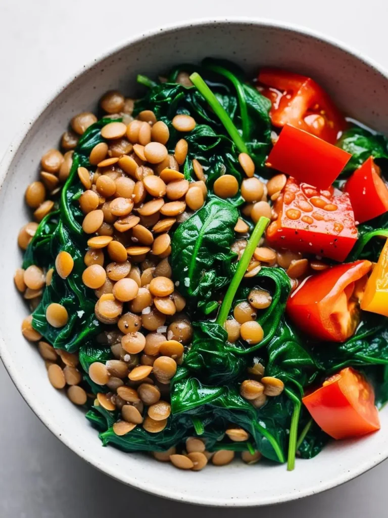 A bowl filled with a colorful and nutritious lentil and spinach salad. The dish is topped with fresh tomatoes and looks vibrant and appetizing.