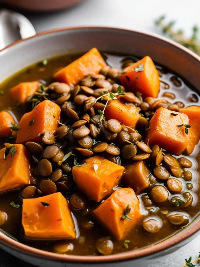 A close-up view of a bowl of lentil and sweet potato soup. The soup is a rich, golden brown color and is filled with cooked lentils and tender chunks of sweet potato.