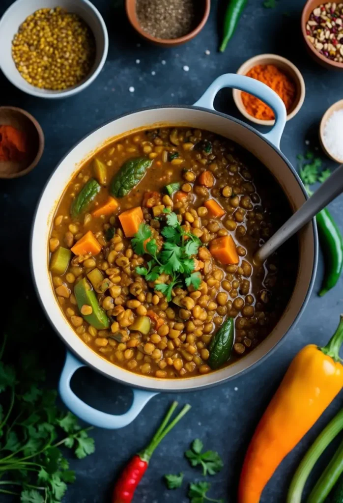 A large pot filled with a hearty lentil stew. The stew is simmering on a dark surface surrounded by fresh vegetables, spices, and bowls of mung beans.