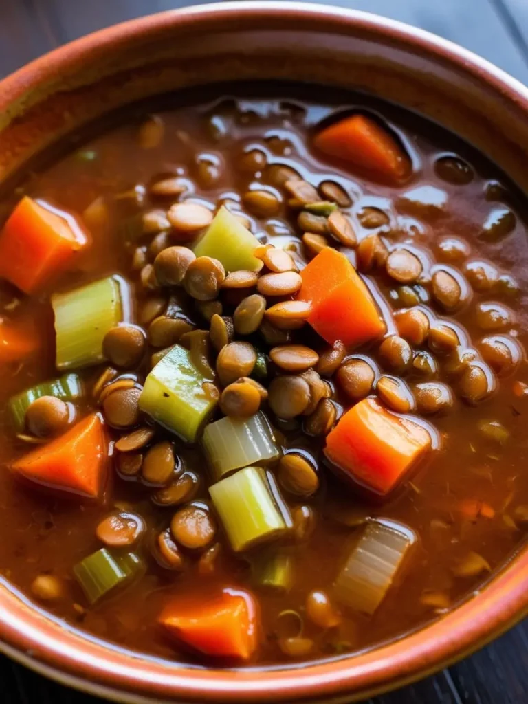 A bowl of hearty lentil soup with carrots, celery, and onions. The soup looks warm and comforting, perfect for a cold day.