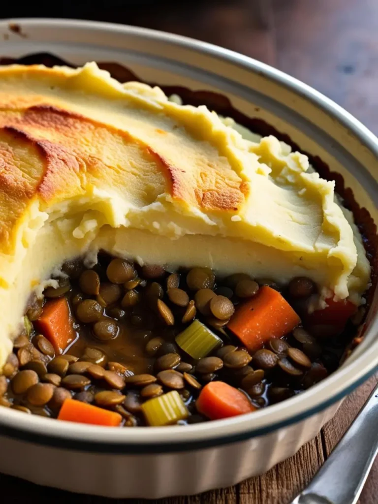 A hearty lentil shepherd's pie topped with a golden brown layer of mashed potatoes. The pie looks comforting and perfect for a cold day.