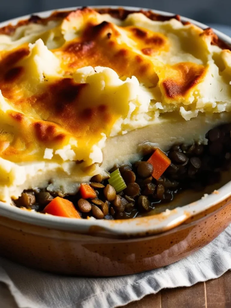 A close-up view of a Shepherd's Pie with a golden brown mashed potato crust. A portion of the crust has been removed to reveal the savory lentil filling below.