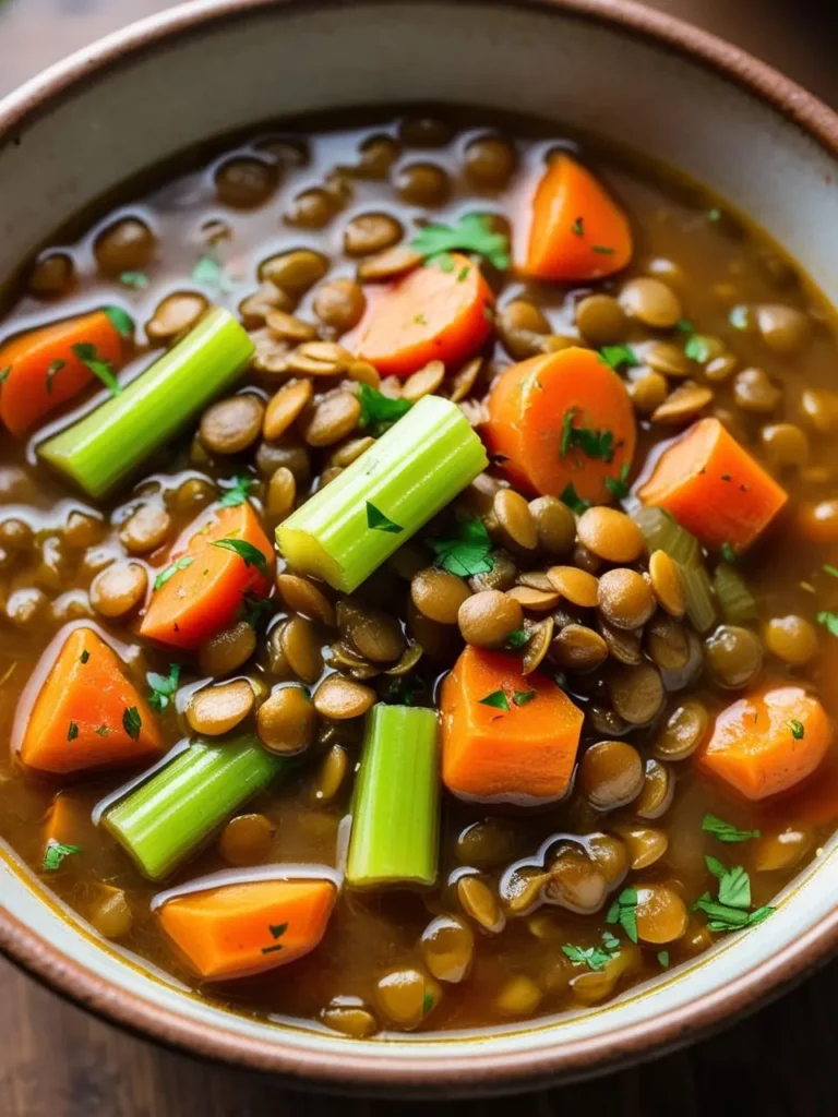 A bowl of hearty lentil soup. The soup is filled with lentils, carrots, celery, and other vegetables, simmered in a flavorful broth. The dish looks warm, comforting, and perfect for a cold day.