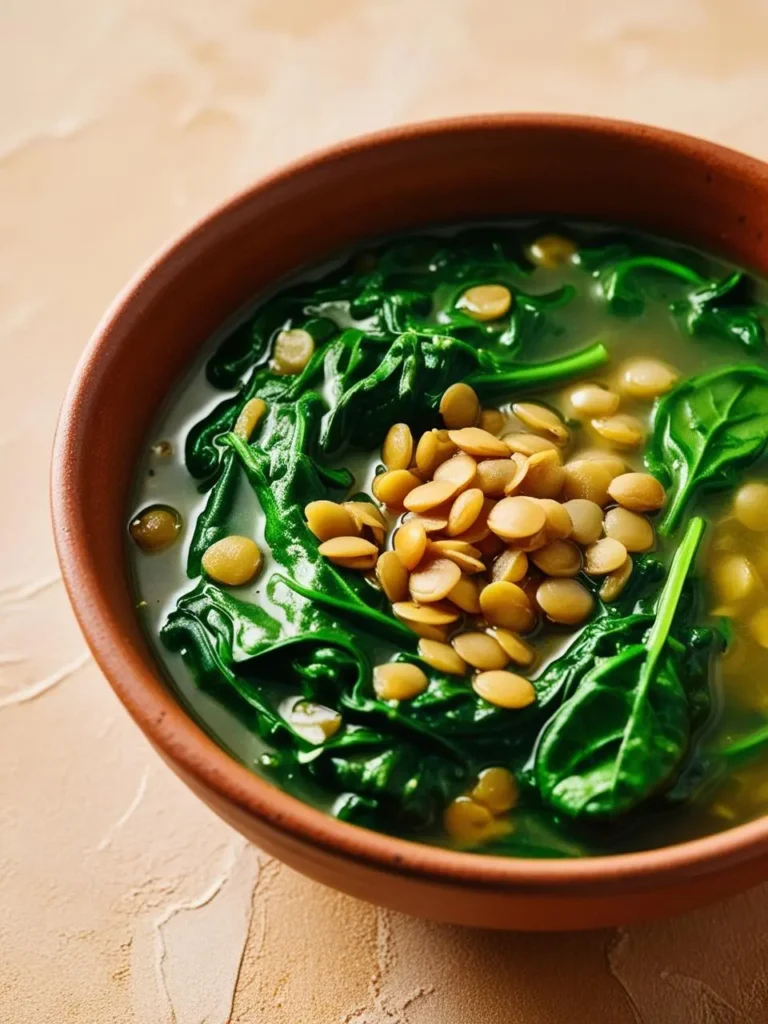 A close-up view of a bowl of warm lentil and spinach soup. The soup is a vibrant green color with scattered golden brown lentils and is served in a rustic brown bowl.