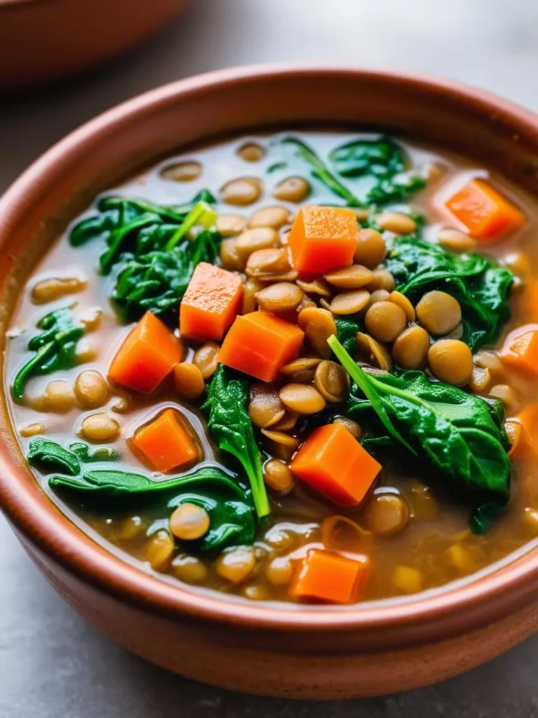  bowl of hearty lentil soup, filled with tender lentils, chopped carrots, and fresh spinach. The soup has a rich broth and looks warm and comforting.