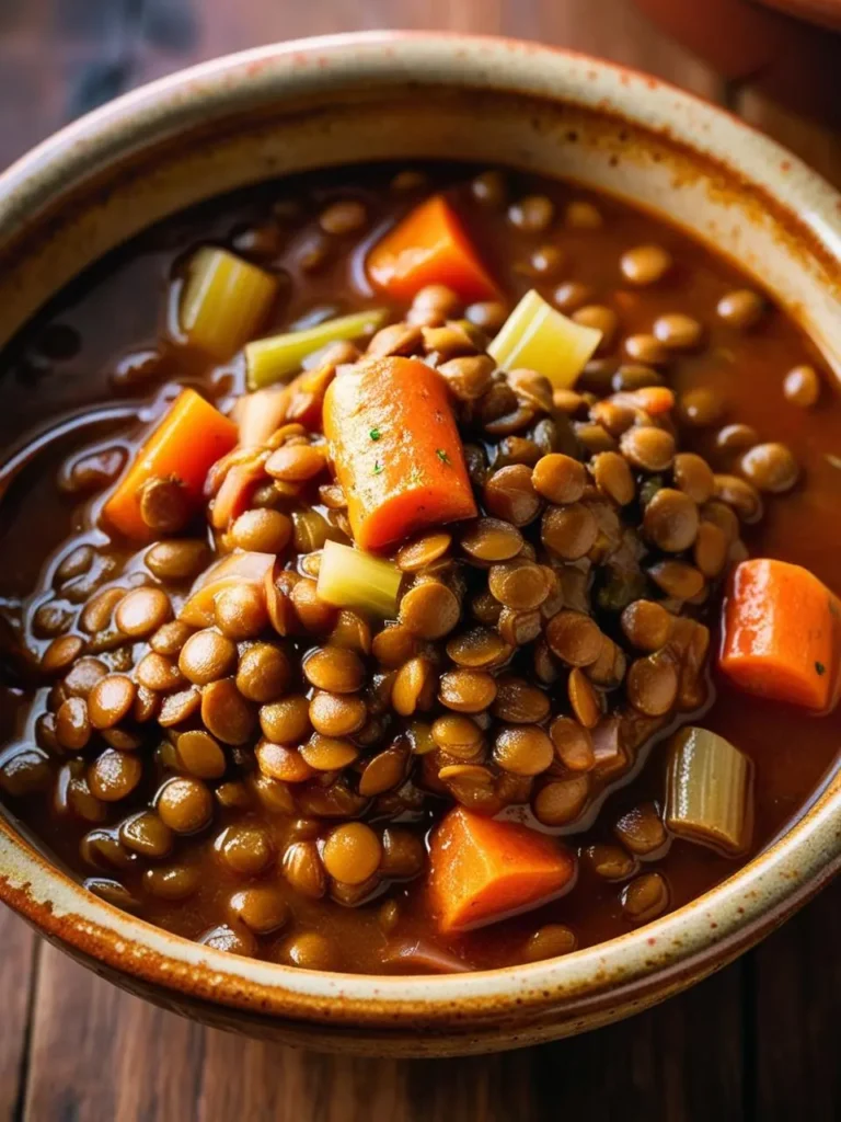 A bowl of hearty lentil soup with carrots, celery, and onions. The soup is a rich, reddish-brown color and looks warm and comforting.