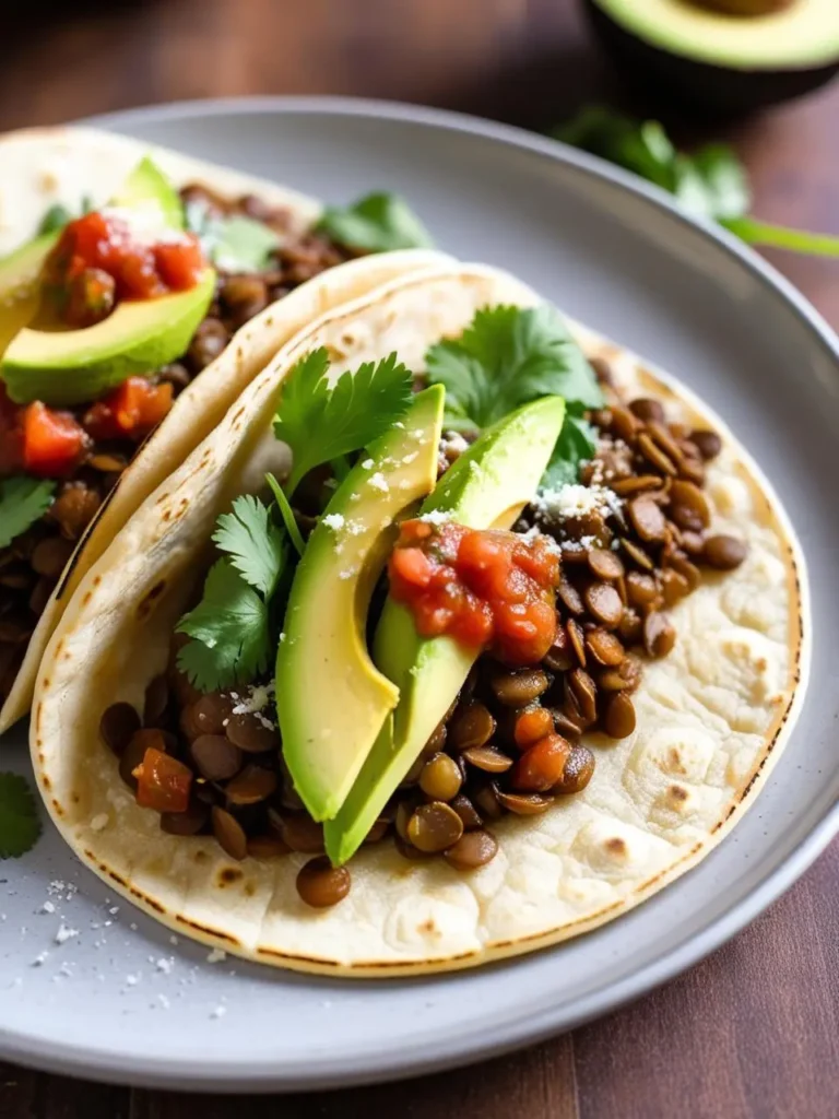 A close-up view of two lentil tacos on a plate. The tacos are filled with seasoned lentils, topped with fresh avocado slices, salsa, and cilantro.