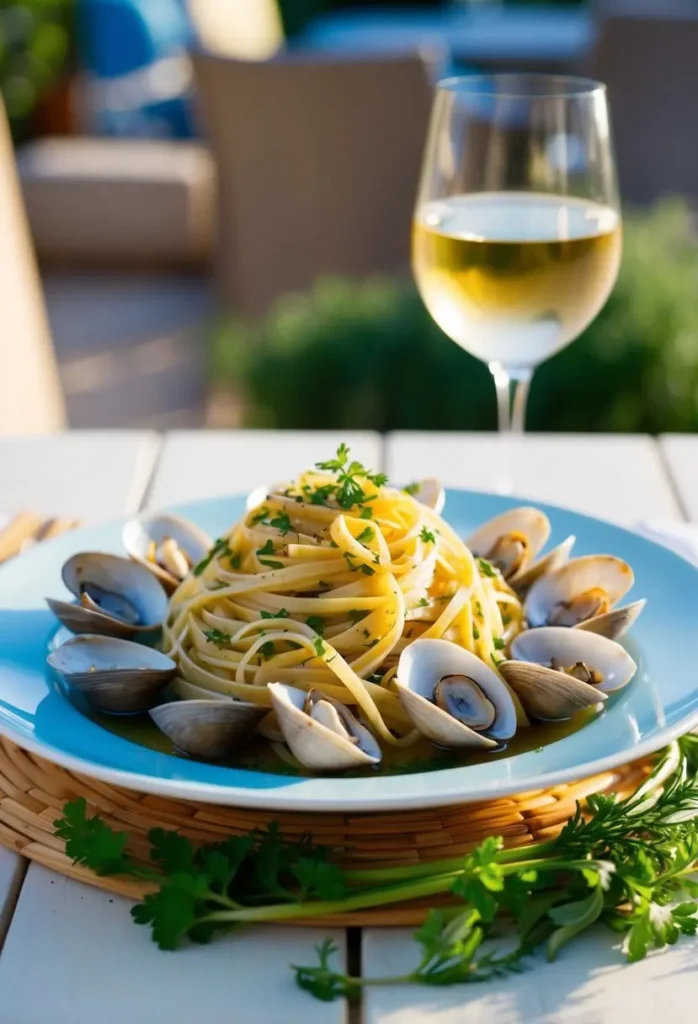 A steaming plate of linguine with clams, surrounded by fresh herbs and a glass of white wine, set against a backdrop of a sunny outdoor patio