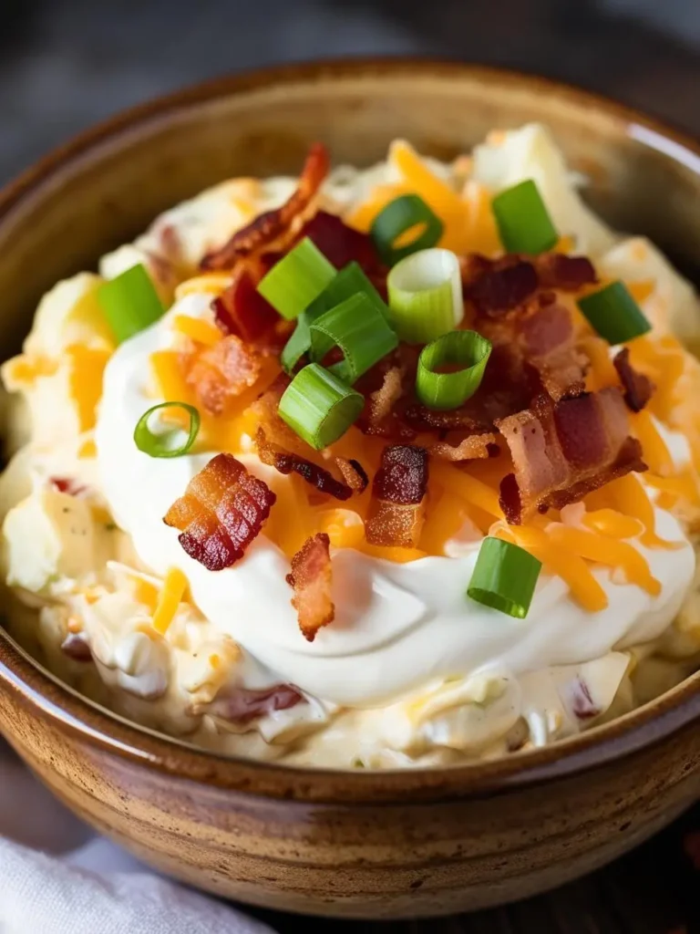 A bowl of creamy potato dip topped with shredded cheese, bacon bits, and green onions. The dip looks rich, creamy, and perfect for dipping tortilla chips or crackers.