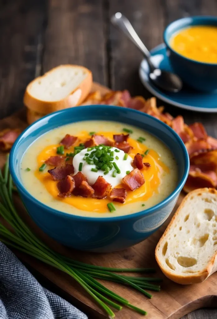 A steaming bowl of loaded baked potato soup surrounded by fresh chives, crispy bacon, and melted cheddar cheese, served with a side of warm bread