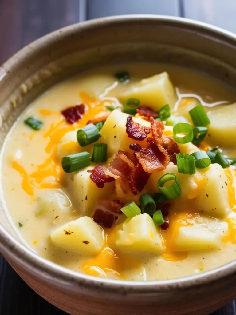 A close-up of a bowl of creamy potato soup. The soup is topped with crispy bacon bits, shredded cheddar cheese, and chopped green onions. The bowl is resting on a wooden table, and the soup looks warm, comforting, and incredibly delicious.