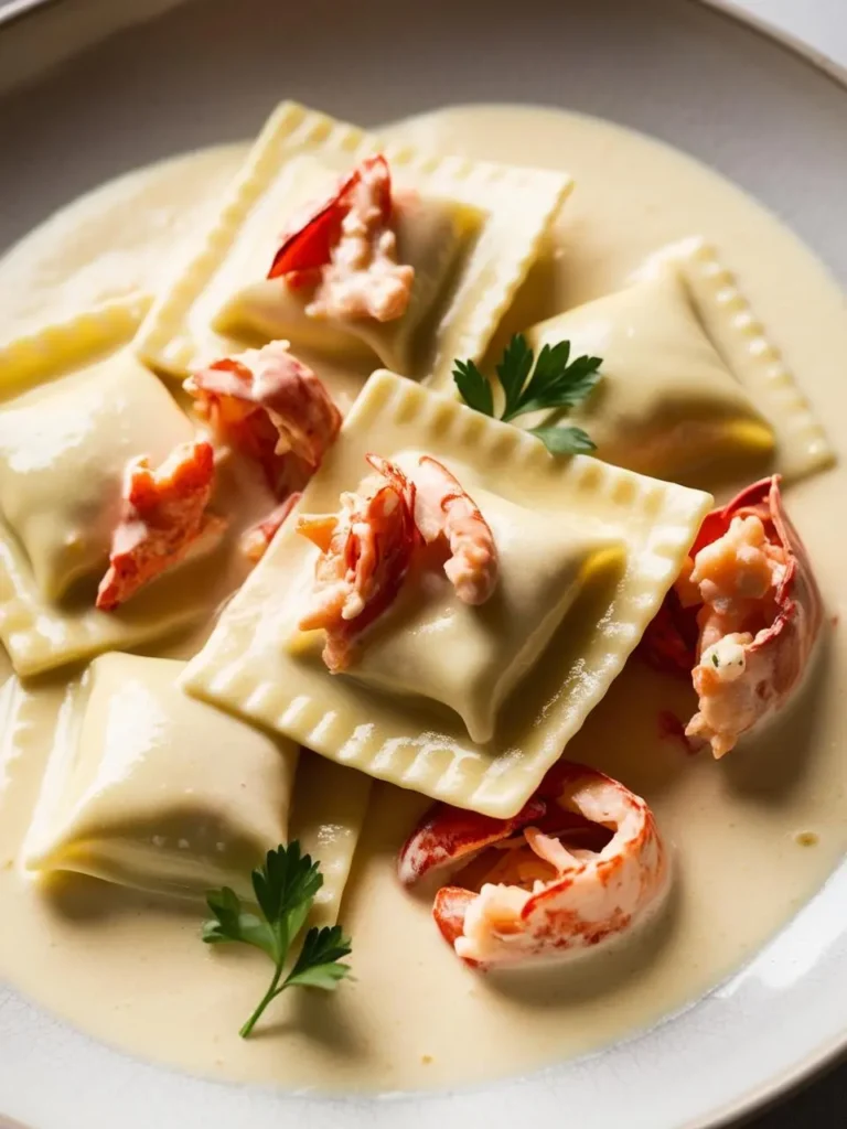 A plate of lobster ravioli. The ravioli is filled with lobster meat and served in a creamy sauce. The dish is garnished with fresh parsley and additional lobster meat. It looks delicious and luxurious.