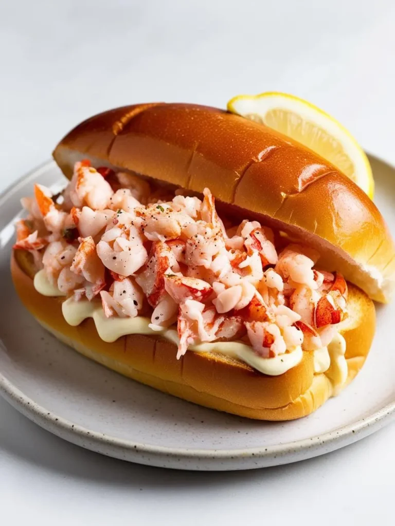 A classic lobster roll filled with fresh, tender lobster meat and mayo, served on a toasted bun with a lemon wedge.