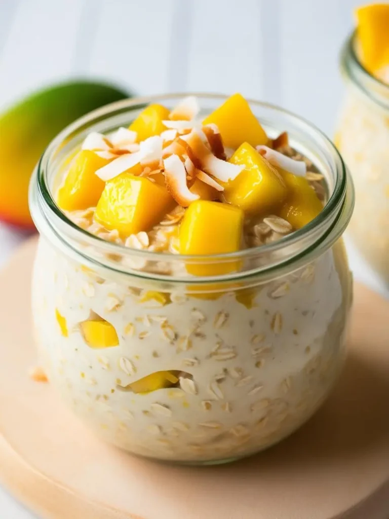 A jar of overnight oats topped with fresh mango chunks and shredded coconut. The oats look creamy and delicious, perfect for a healthy and satisfying breakfast.