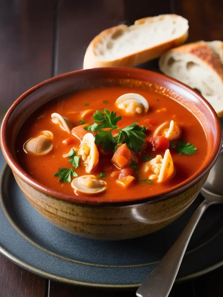 A bowl of vibrant Manhattan clam chowder. The soup is a rich tomato-based broth filled with clams, vegetables, and herbs. A slice of crusty bread is placed beside the bowl, perfect for dipping.