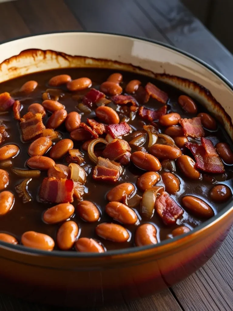 A close-up of a skillet filled with baked beans. The beans are cooked in a rich, brown sauce and topped with crispy bacon bits and chopped onions. The dish looks warm, comforting, and perfect for a cold day.