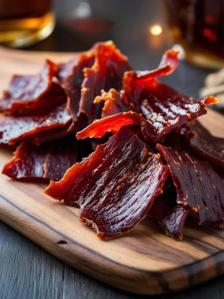 A close-up image of a pile of homemade beef jerky on a wooden cutting board. The jerky is dark brown in color and has a shiny, slightly oily surface. There are small pieces of herbs and spices visible on the jerky.