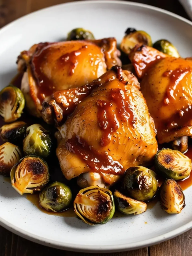 A plate of glazed chicken thighs served alongside roasted Brussels sprouts. The chicken is golden brown and glistening with a sweet and savory sauce. The dish looks incredibly appetizing and flavorful.