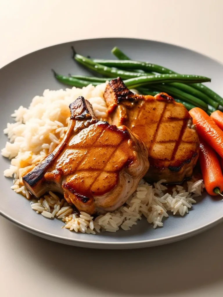 Two perfectly grilled pork chops with beautiful grill marks, served on a bed of fluffy rice and accompanied by a colorful array of green beans and carrots. The chops look juicy and flavorful, making this a delicious and satisfying meal.