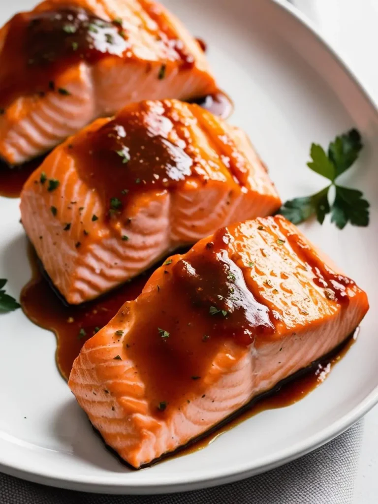 A plate of glazed salmon fillets. The salmon is cooked to a beautiful pink color and glazed with a sweet and savory sauce. The dish looks incredibly appetizing and perfect for a special occasion.