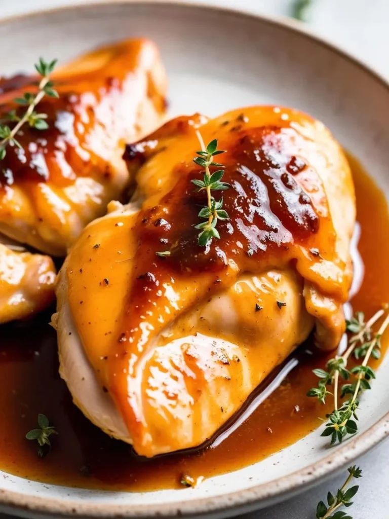 Two golden-brown chicken breasts are smothered in a sweet and tangy glaze and garnished with fresh thyme sprigs. The dish looks incredibly appetizing and perfect for a healthy and satisfying meal.