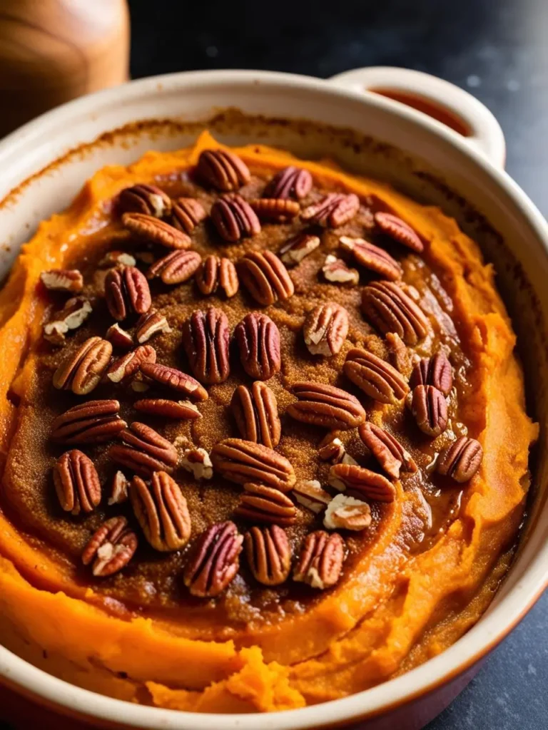 A close-up image of a sweet potato casserole topped with toasted pecans. The casserole is in a ceramic dish and looks incredibly appetizing and perfect for a holiday meal.




