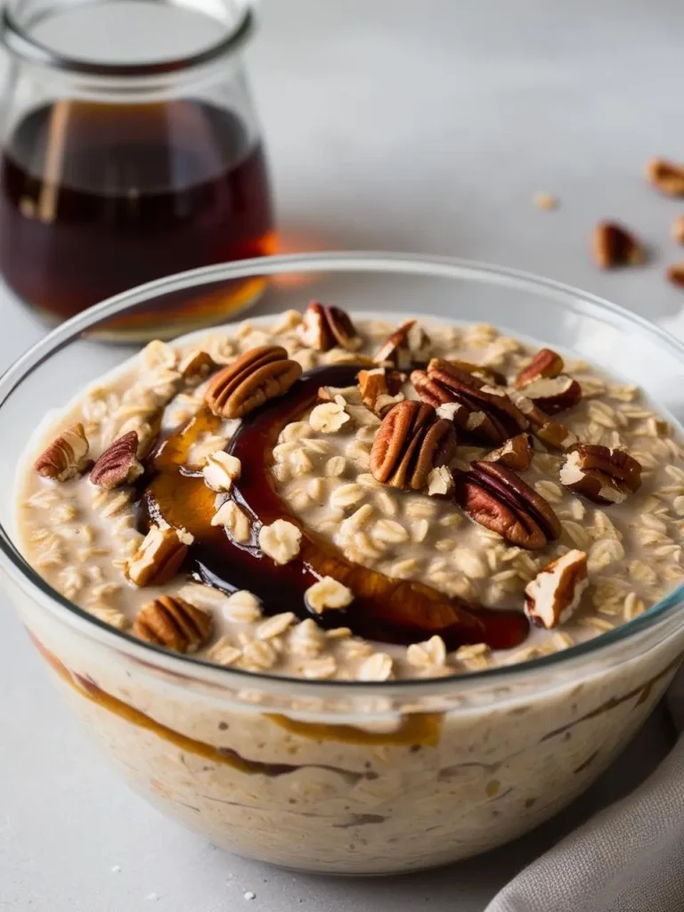 A bowl of creamy oatmeal topped with chopped pecans and a drizzle of maple syrup. The oatmeal looks warm and inviting.