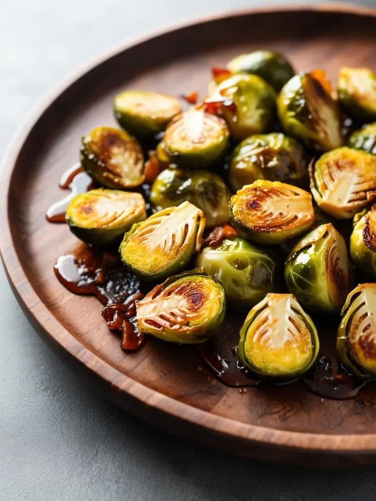 A close-up of a plate of roasted Brussels sprouts glazed with a sweet and savory sauce. The sprouts are golden brown and crispy, with some cut in half to reveal their tender interior. The dish looks delicious and inviting, perfect for a holiday meal.