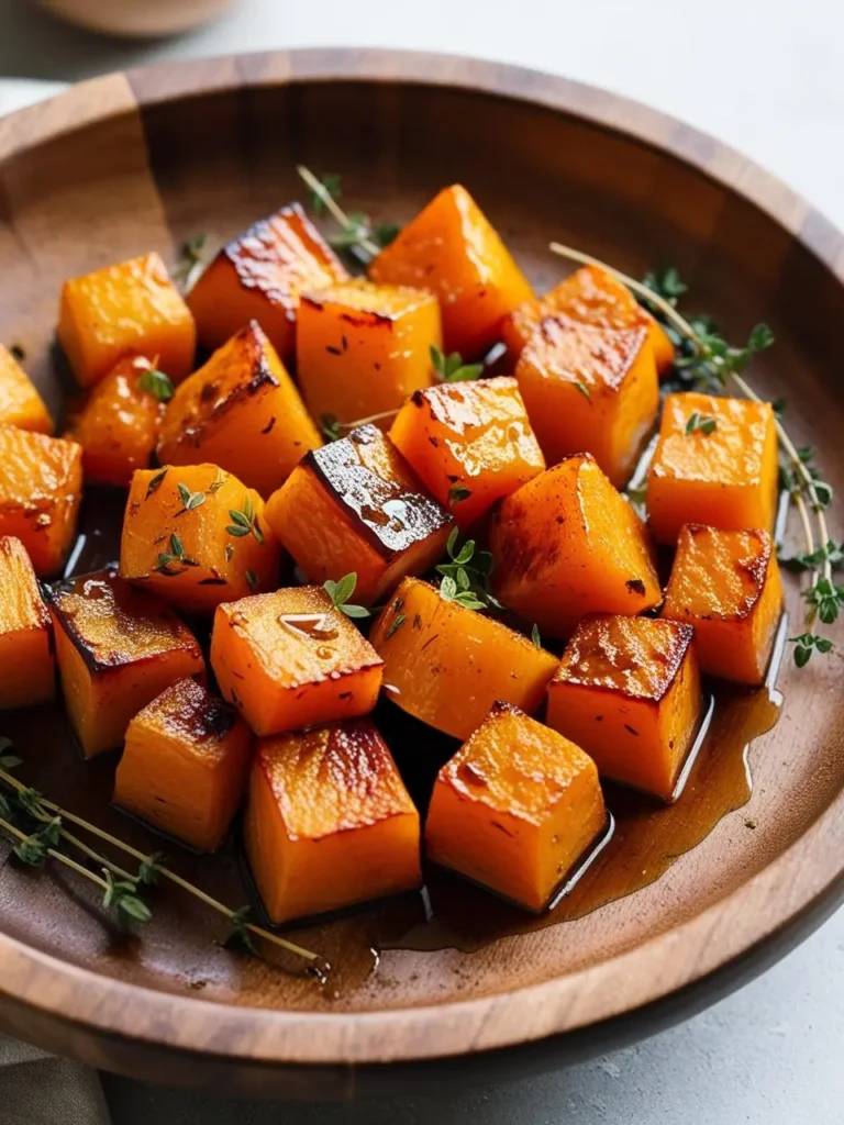 A wooden plate filled with roasted butternut squash cubes. The squash is caramelized and glistening, with a rich, golden color. The dish is garnished with fresh thyme sprigs.