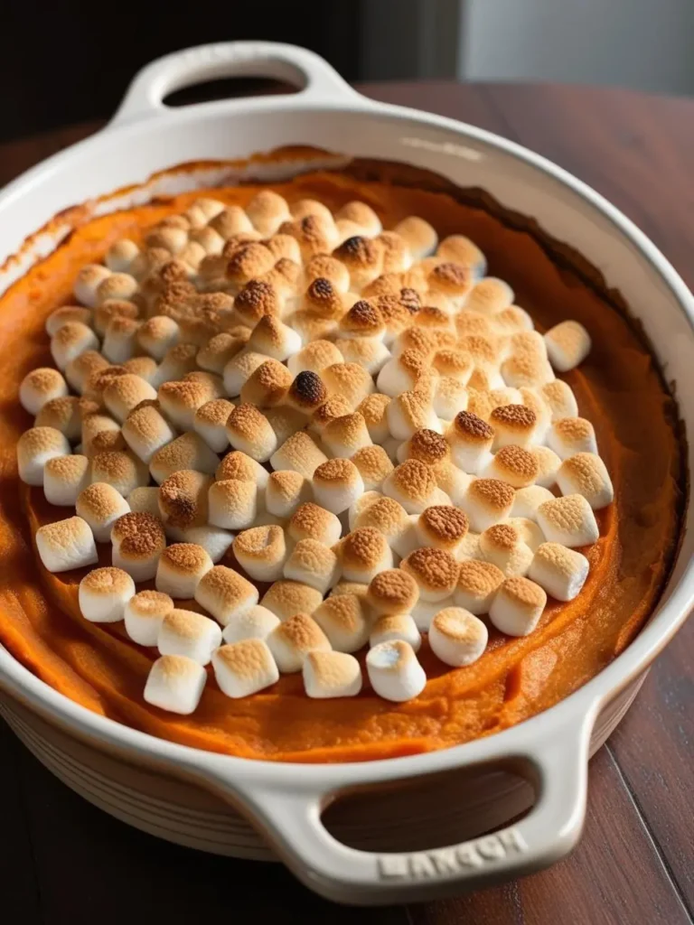 A golden-brown sweet potato casserole topped with toasted marshmallows. The casserole is in a white ceramic dish and looks incredibly appetizing and perfect for a holiday meal.




