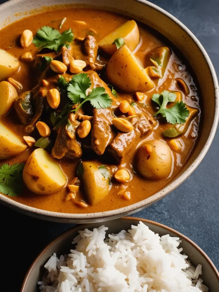 A bowl of rich Massaman curry, simmering with chunks of beef, potatoes, and peanuts. The curry is served alongside a side of fluffy white rice, ready to be enjoyed.