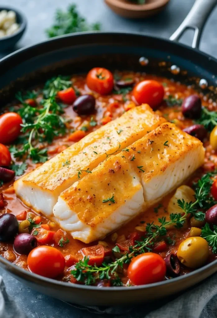 A golden-brown cod fillet baking in a Mediterranean-inspired sauce, surrounded by vibrant herbs, tomatoes, and olives on a rustic baking dish