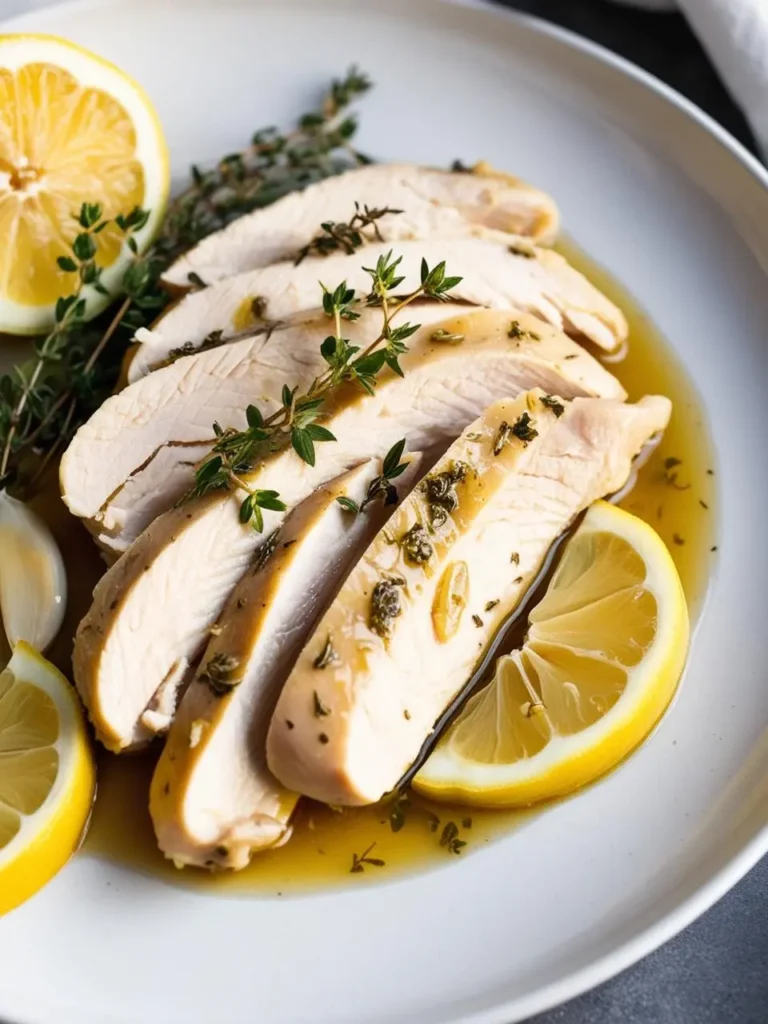 A plate of sliced, juicy lemon-herb roasted chicken breast. The chicken is surrounded by lemon slices, fresh thyme sprigs, and garlic cloves. The dish looks delicious and inviting.