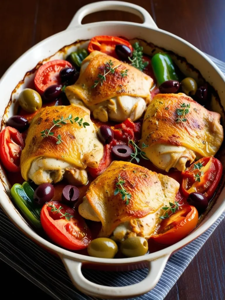 A close-up view of a baking dish filled with Chicken Cacciatore. The dish features tender chicken thighs simmered in a rich tomato sauce with vegetables like cherry tomatoes, bell peppers, and olives. Fresh thyme sprigs are scattered on top.