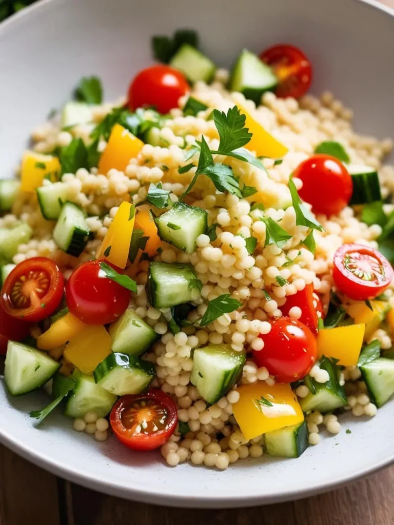 A vibrant and refreshing couscous salad. The salad features cooked couscous, diced cucumbers, cherry tomatoes, yellow bell peppers, and fresh parsley. The dish looks light, healthy, and perfect for a summer meal.