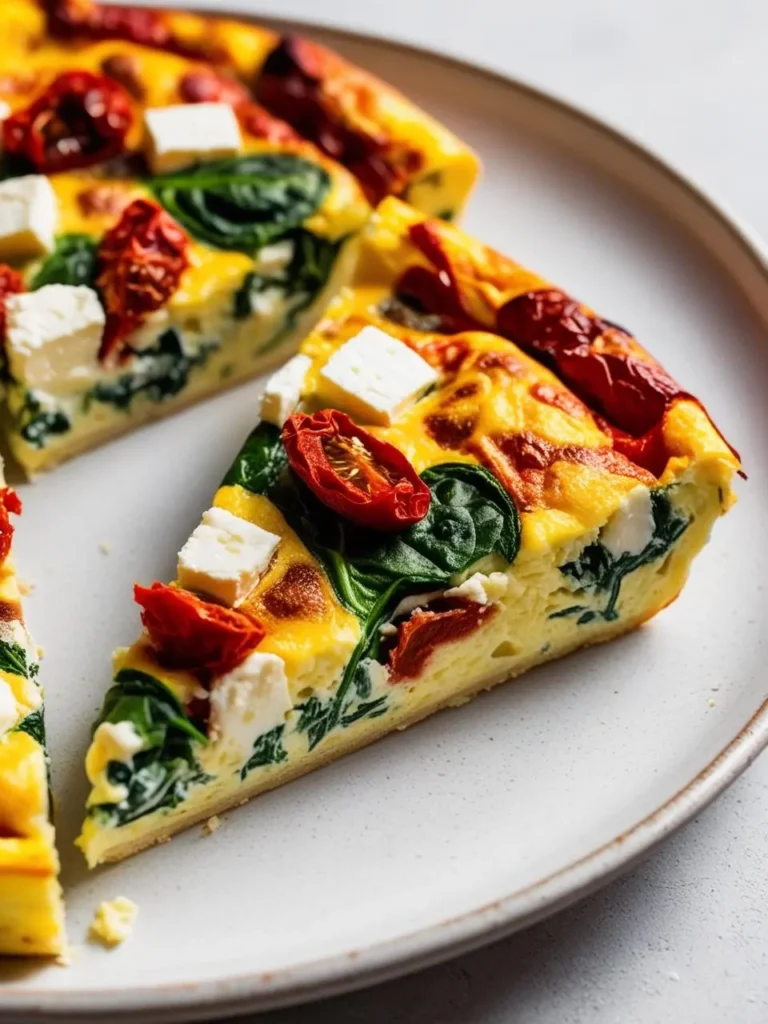 A slice of golden-brown crustless quiche with a vibrant filling of spinach, feta cheese, and sun-dried tomatoes. The quiche looks delicious and perfect for a healthy and satisfying breakfast or brunch.