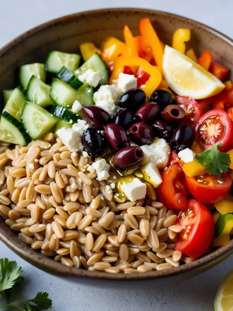 A colorful Greek-inspired salad bowl filled with orzo pasta, fresh vegetables like tomatoes, cucumbers, and bell peppers, crumbled feta cheese, black olives, and a lemon wedge. The salad looks vibrant and refreshing.